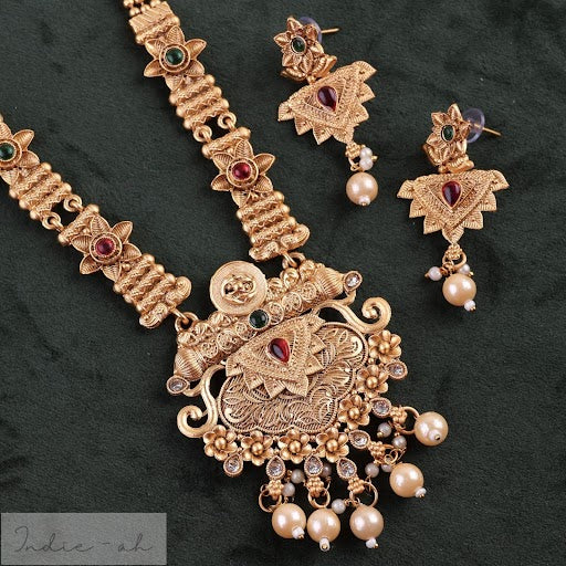 Rajasthani style long necklace and earing set - Design 2 - IA308